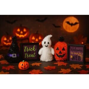 Lot of 6 Halloween Decorations Signs Ghost Pumpkin Witch Hat Holiday Decor